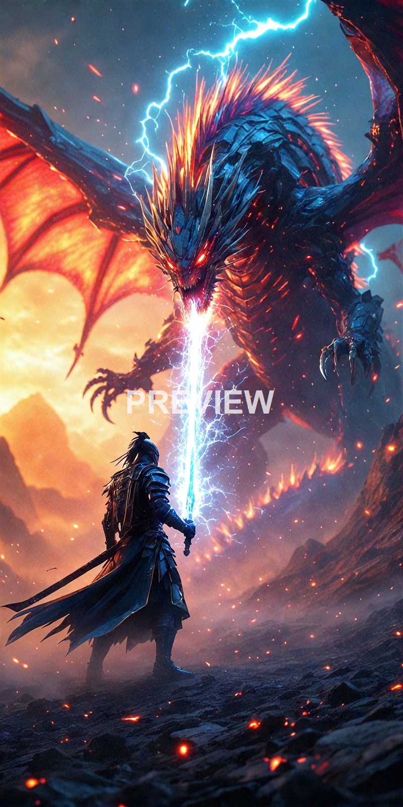 A warrior in dark armor stands on rocky terrain wielding a sword that emits a bright blue lightning bolt, confronting a massive, fierce dragon with glowing red eyes, fiery orange wings, and surrounded by lightning and sparks in a dramatic, stormy sky.